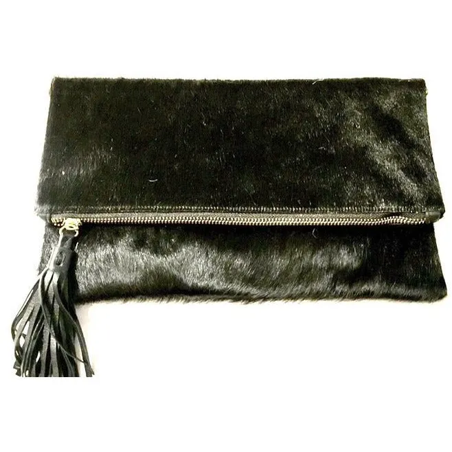 Abello Foldover Black Cowhide Clutch Crossbody-SALE