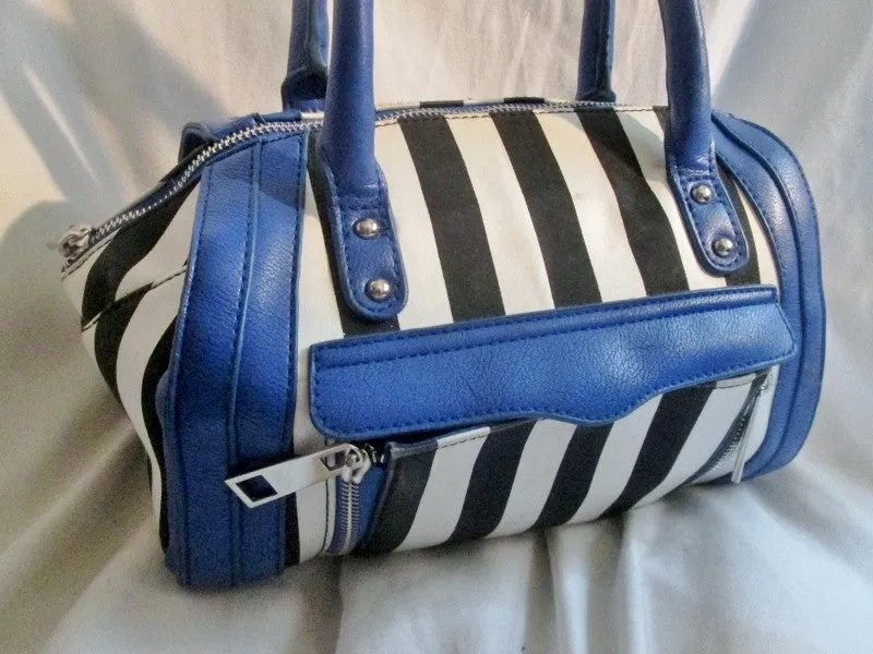 AVON Vegan Mini Duffle Purse Satchel Handbag Gym Bag BLACK WHITE BLUE Stripe