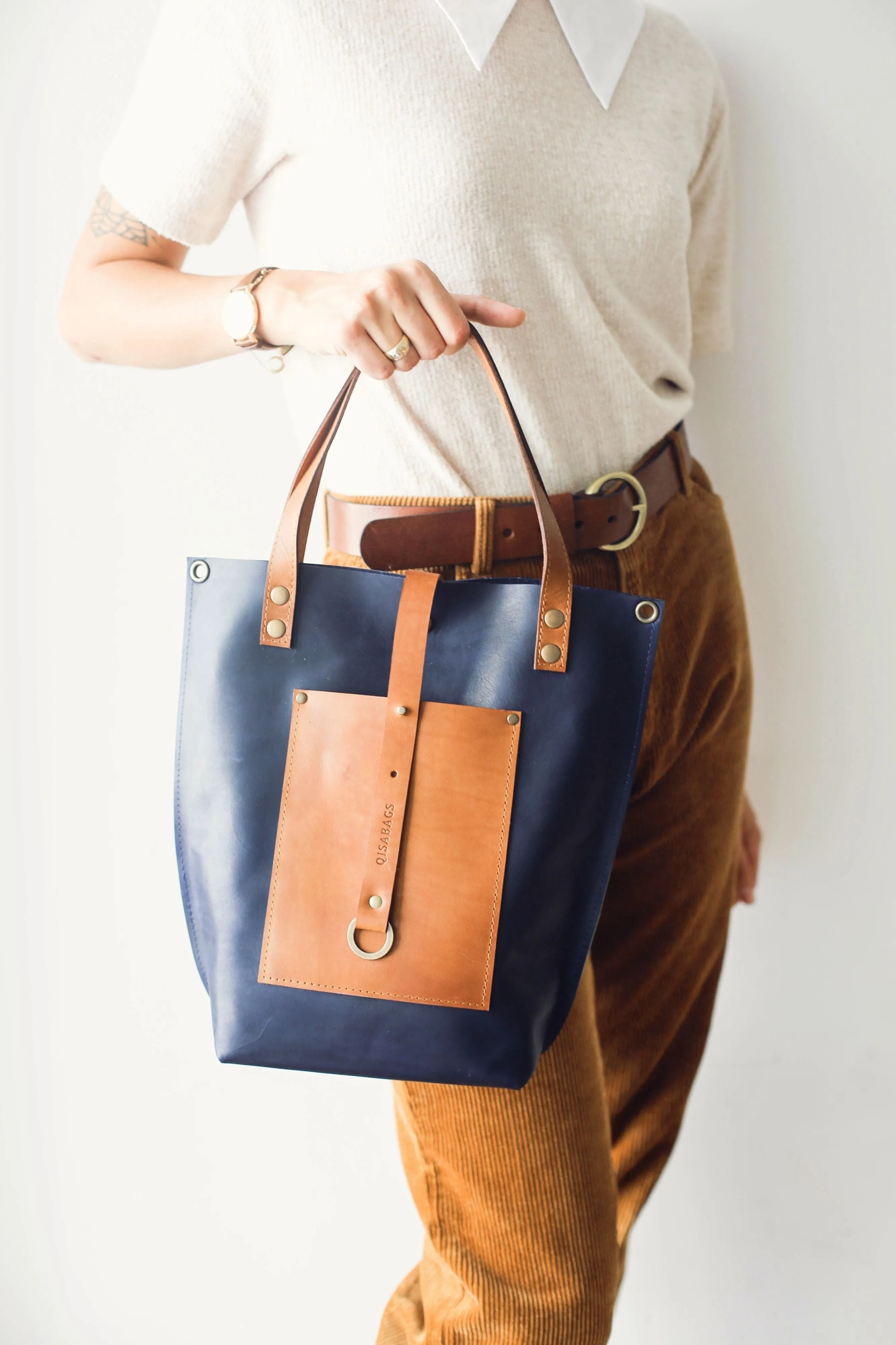 Blue w/Brown Leather tote