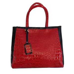 Elizabeth Arden Red and Black Patent Leather Expandable Faux Crocodile Tote Bag