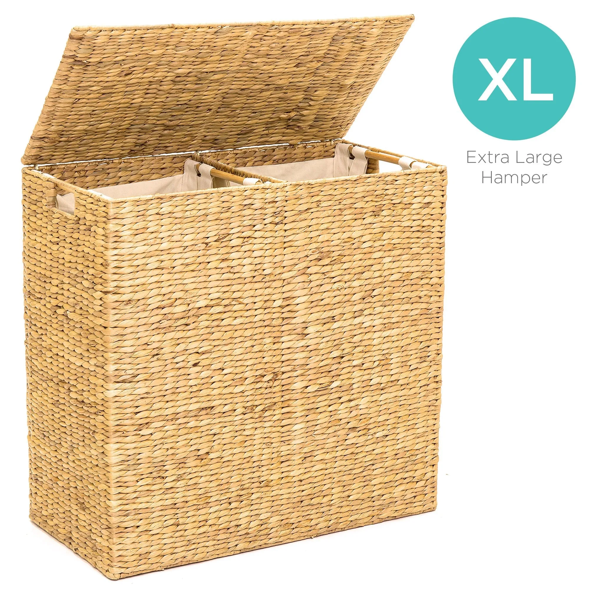 Extra Large Water Hyacinth Double Laundry Hamper Basket w/ 2 Liner Bags