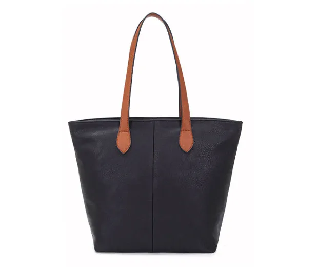 LIGHTWEIGHT BLACK FAUX LEATHER TOTE HANDBAG