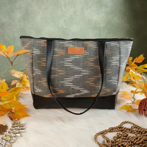 Sarus Crane Series Jumbo Tote Grey with White and Sandal Vertical Zigzag Graphic Patterns