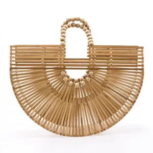 Semi-Circular Wooden Bead Woven Clutch – Stylish Beach & Rattan Bag